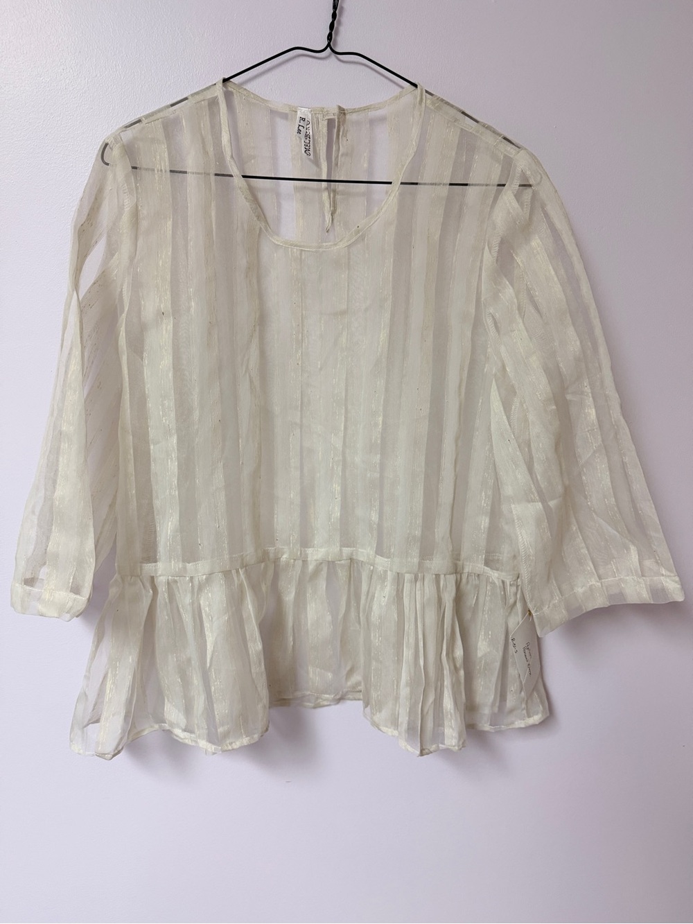 NWT Off white/ivory Sheer Peplum Blouse with gold detail vertical stripes
